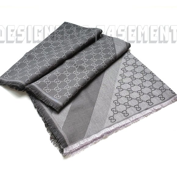 GUCCI 2-tone Steel Gray GGWEB giant 55"-sqr wool/silk pashmina shawl scarf NWT - Picture 3 of 7
